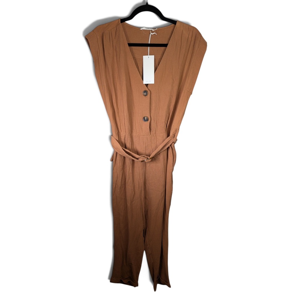 Lush Womens Medium Textured Gauze Romper Jumpsuit Belt Brown V Neck Resort Vacay